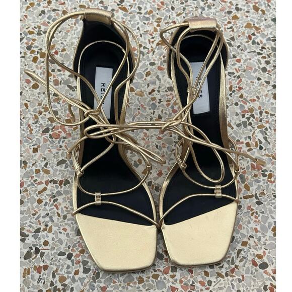 Reiss Kali Leather strappy Stiletto wrap Sandals in gold Metallic size 37 NWOT - Picture 7 of 12